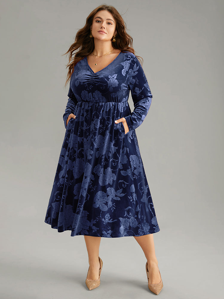 Velvet Jacquard Elastic Waist Ruched Dress