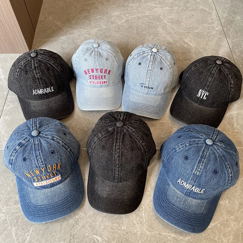 Korean-style Spring And Summer Denim Baseball Cap Women's Washable Old Letter Hat Men's Trendy Sunscreen Cap