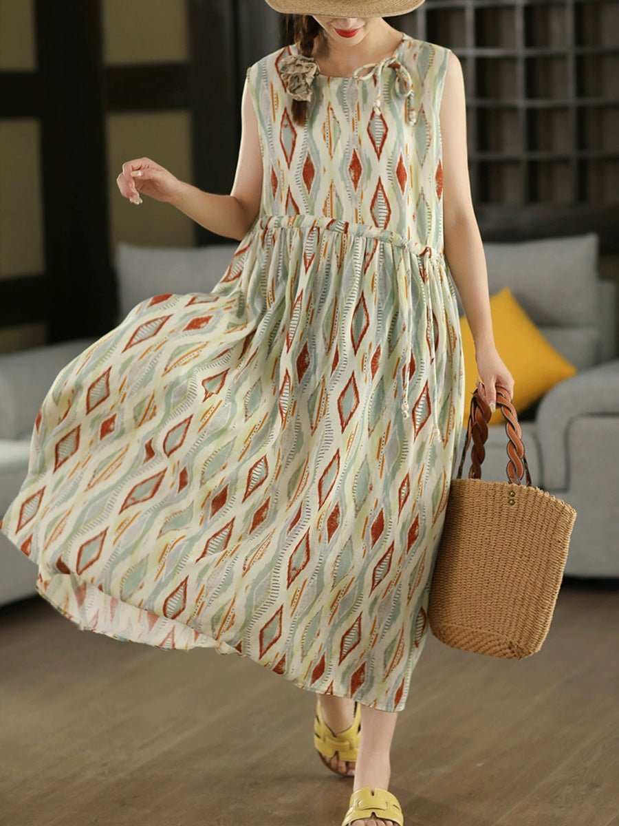 Women Summer Vintage Rhomboids O-Neck Ramie Vest Dress