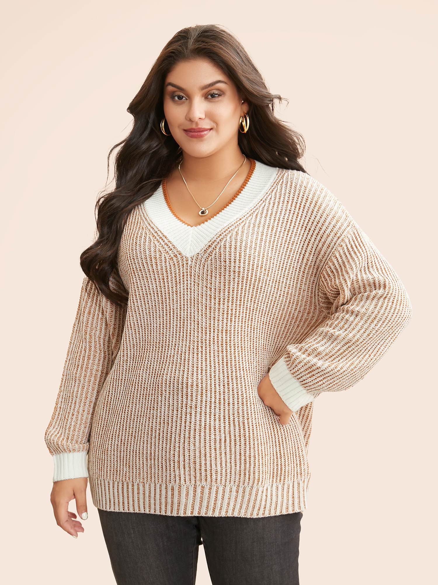 Contrast Texture Drop Shoulder Sleeve Pullover