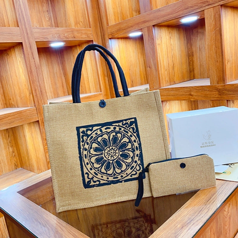 Women's Medium Linen Letter Classic Style Sewing Thread Square Lock Clasp Handbag