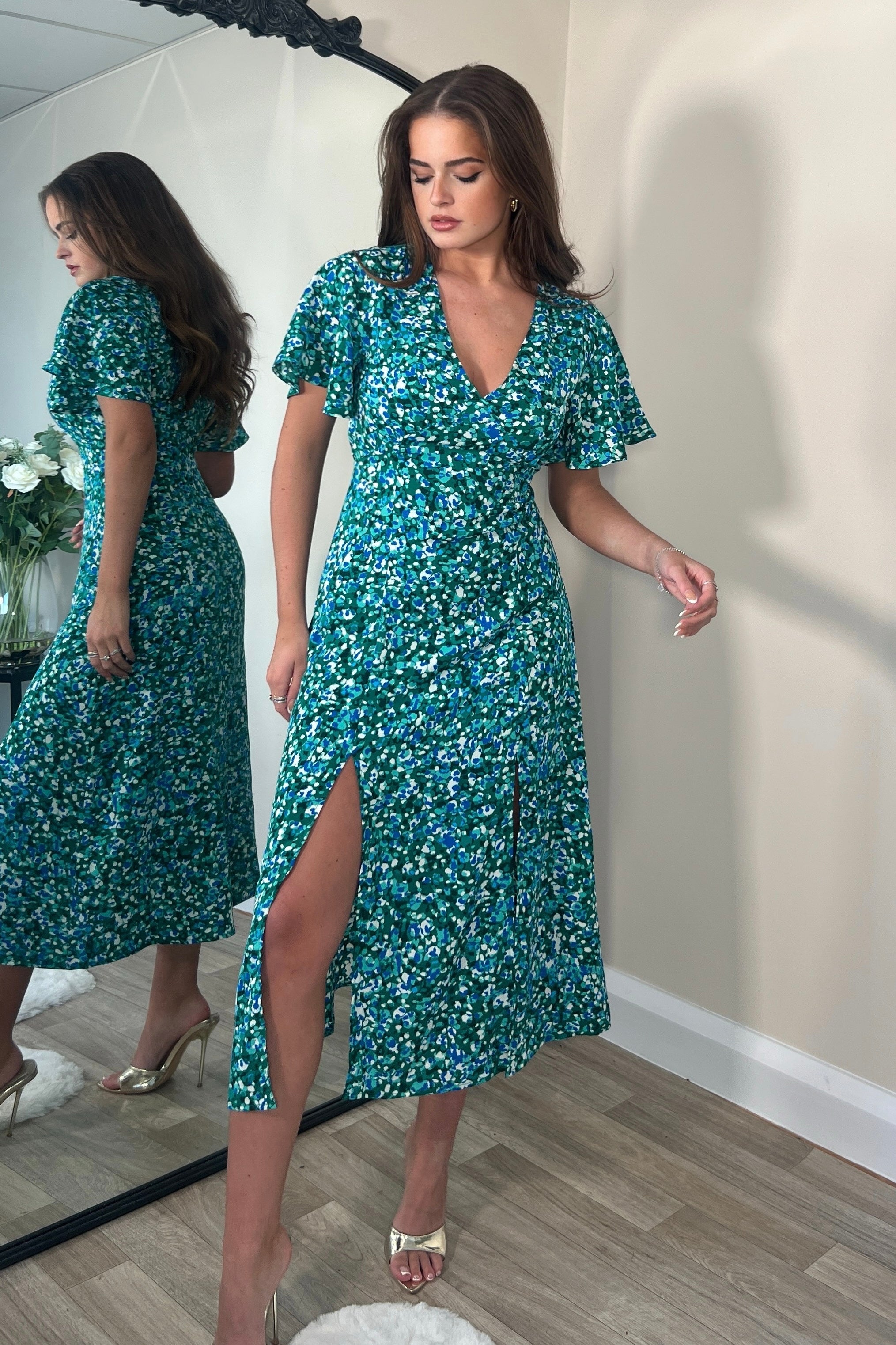 Levi Green Angel Sleeve Split Leg Midi Dress