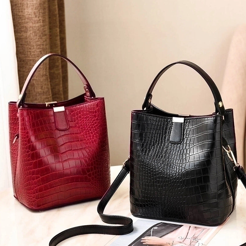 Women's Medium Pu Leather Crocodile Fashion Bucket Zipper Crossbody Bag