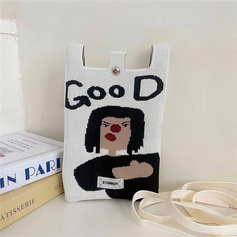 Women's Small Knit Cartoon Cute Bucket Magnetic Buckle Phone Wallets