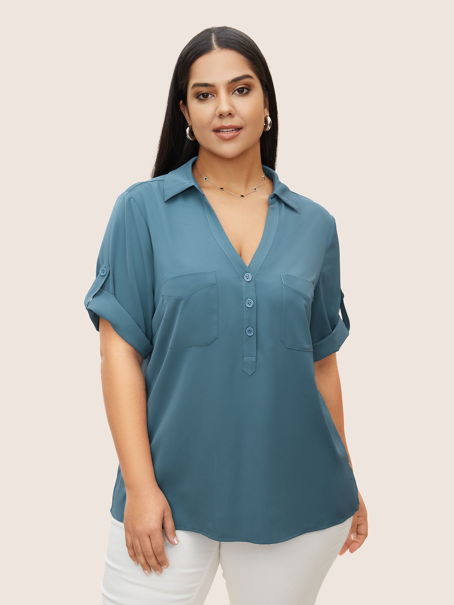 Anti-Wrinkle Shirt Collar Patched Pocket Tab Sleeve Blouse