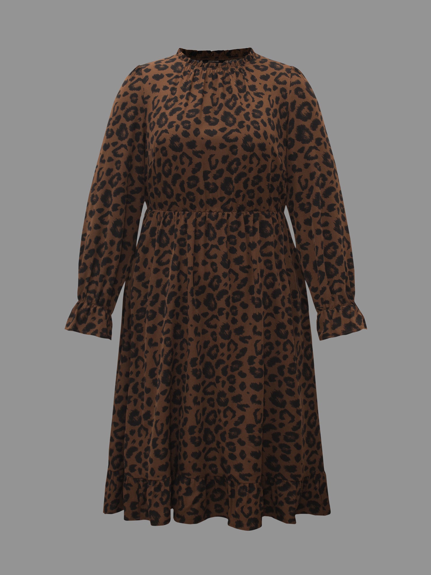 Leopard Print Ruffles Mock Neck Elastic Waist Dress