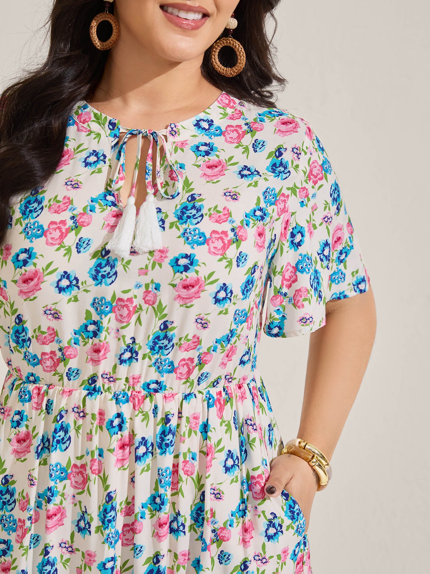 Rayon Floral Print Neck Tie Pockets Midi Dress