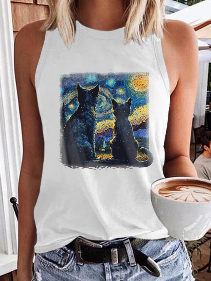 Women's Starry Night Black Cat Print Vest