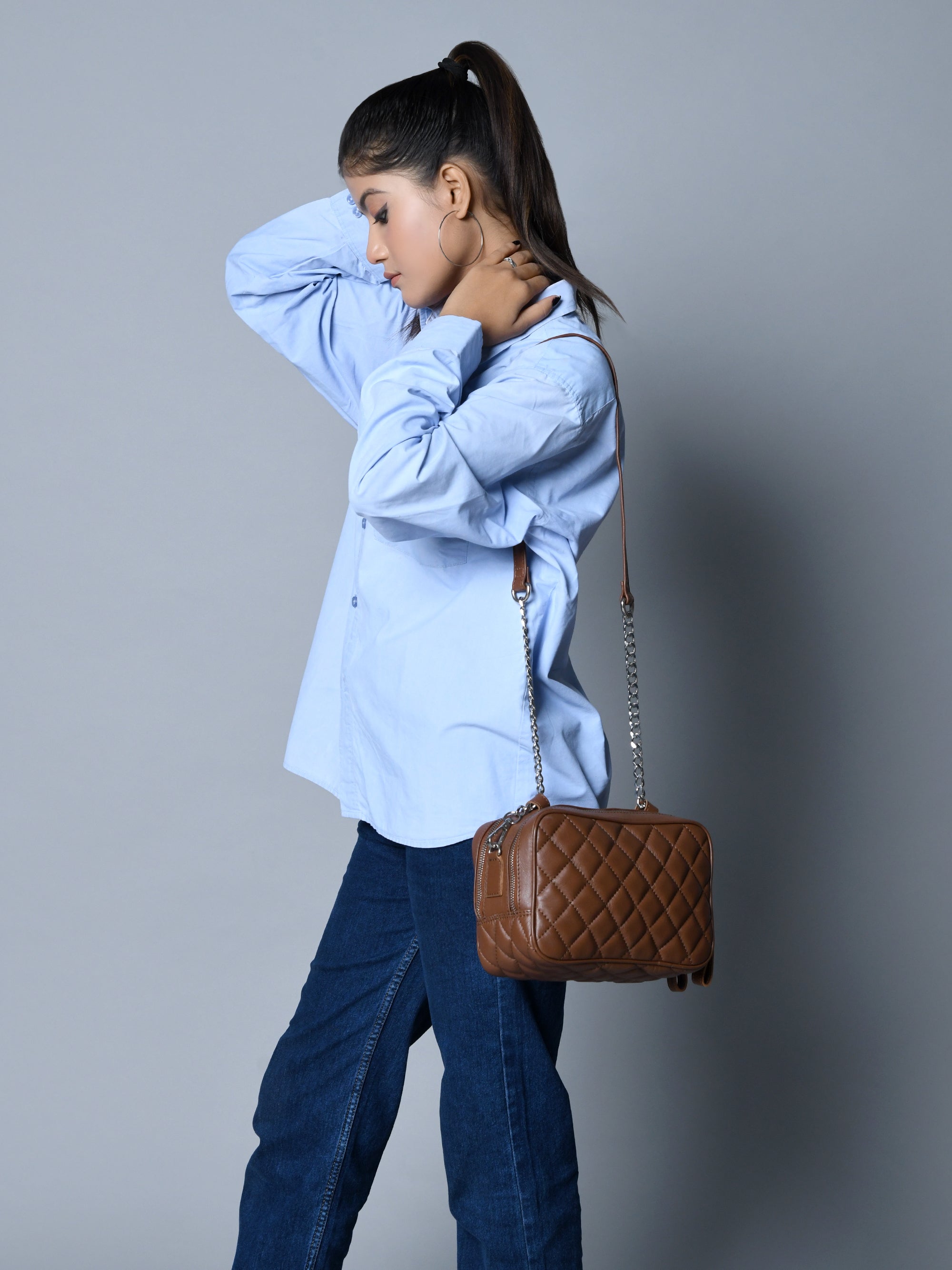Stylish Mini Quilted Crossbody Bag. Rich Brown