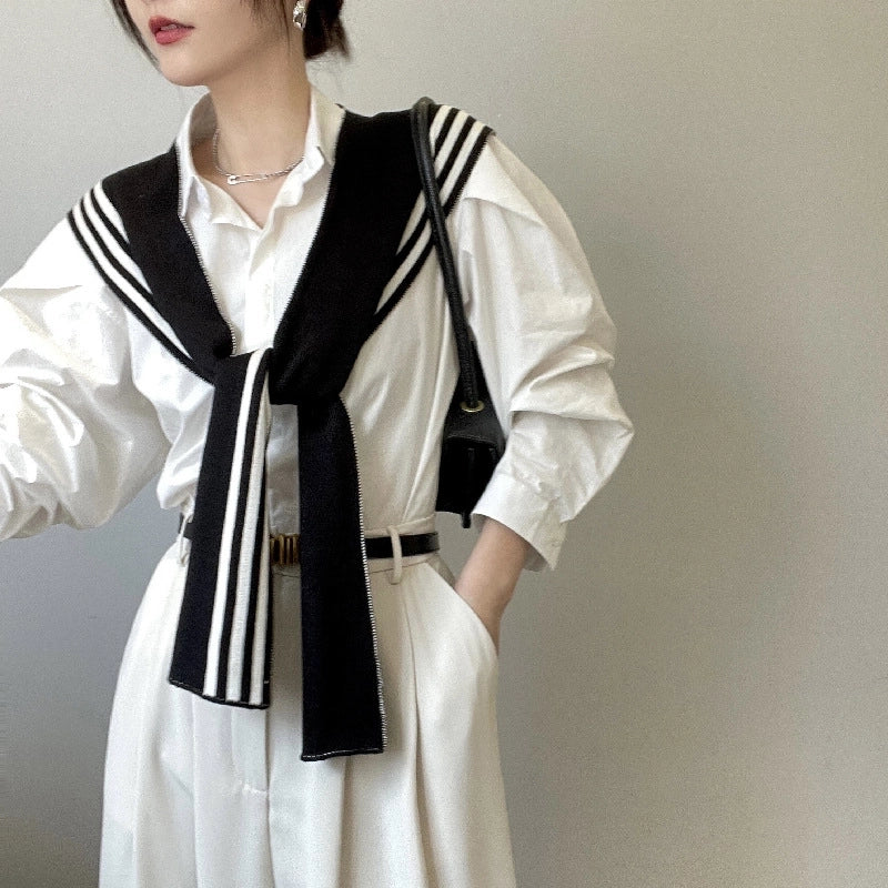 Spring And Autumn Versatile Striped Knitted Waistcoat Fake Collar  Warm Black And White Striped Scarf