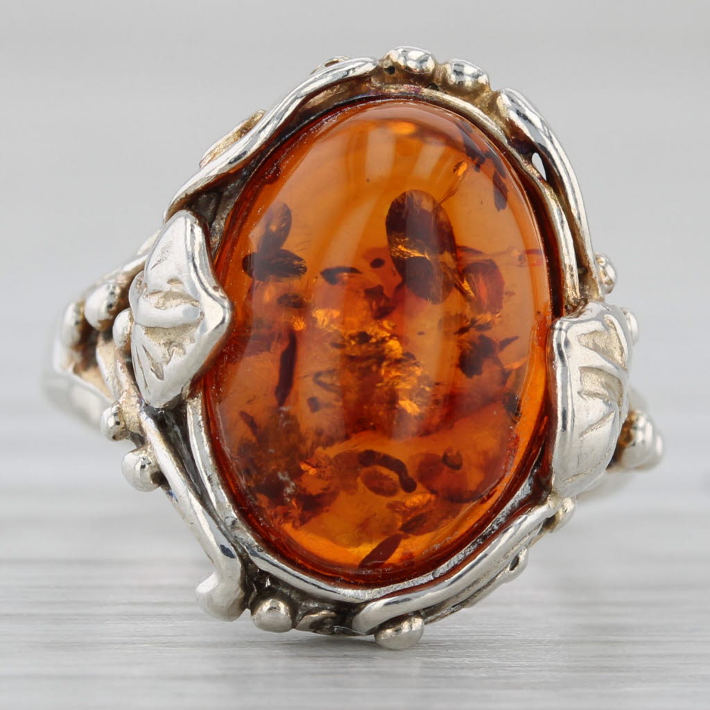 Amber Oval Cabochon Ring Sterling Silver Floral Size 4.75