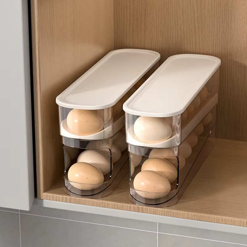 Wholesale 2 Tier Kitchen Automatic Rolling Egg Rack Storage Container Plastic Egg Tray Dispenser