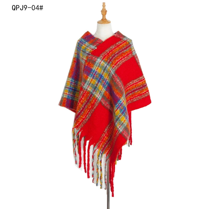 Hot Style New Autumn And Winter Women's Shawl Thick Tassel Loop Yarn Large Plaid Cloak