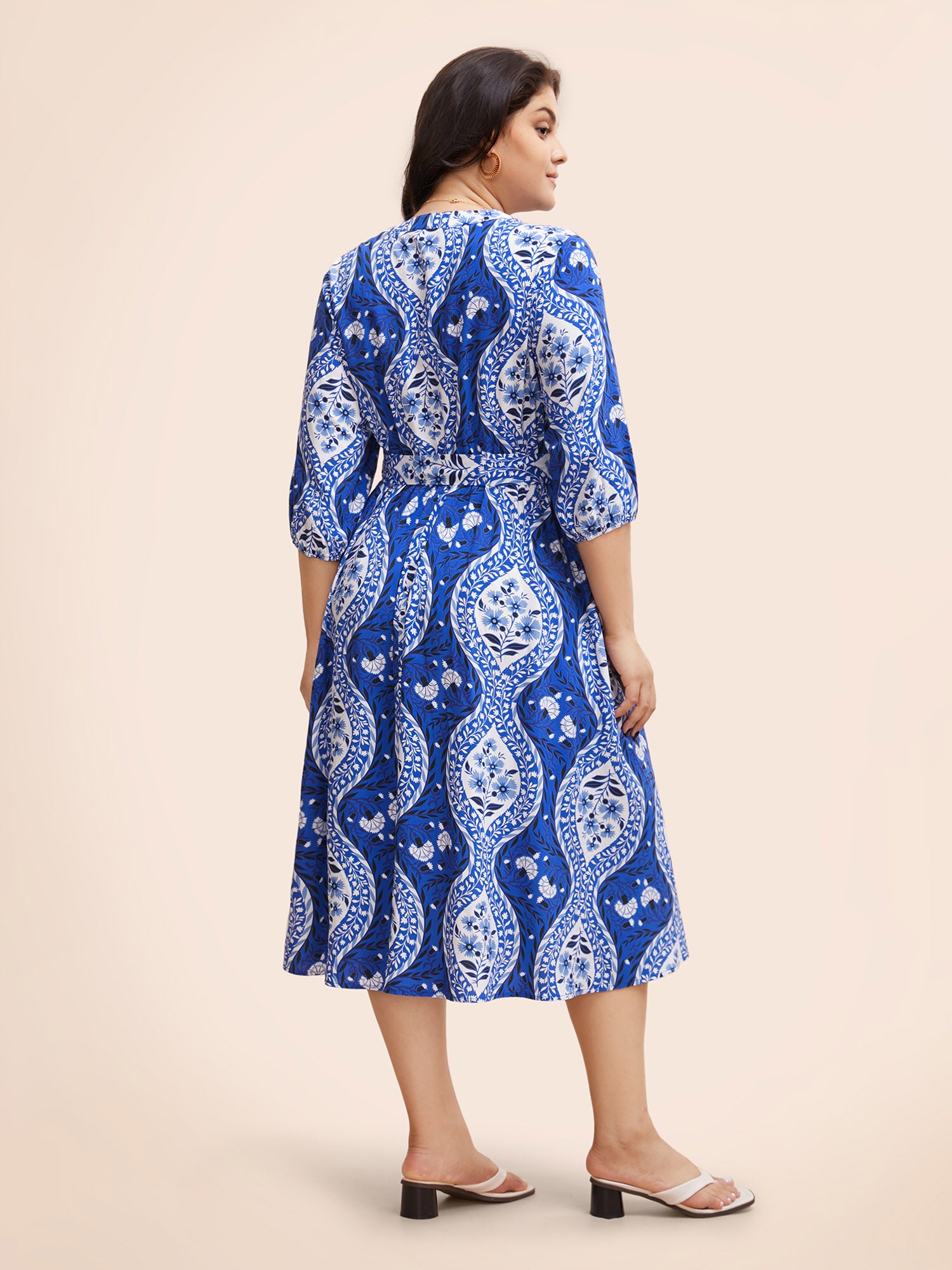 Boho Print Notched Collar Belted Gathered Dress