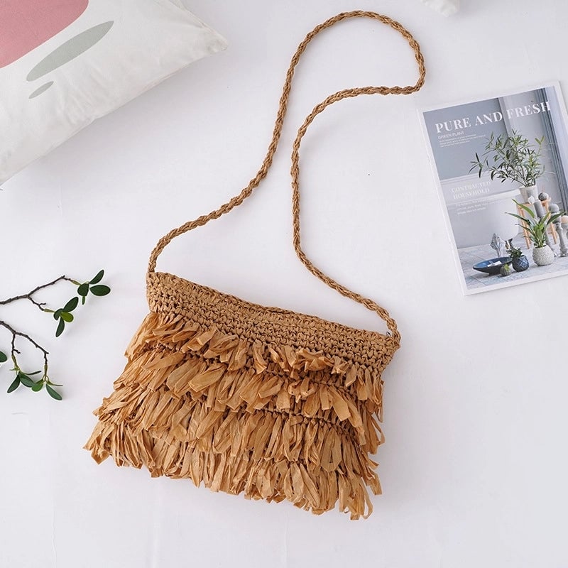 Women's Small Straw Solid Color Vacation Beach Weave Square Zipper Straw Bag