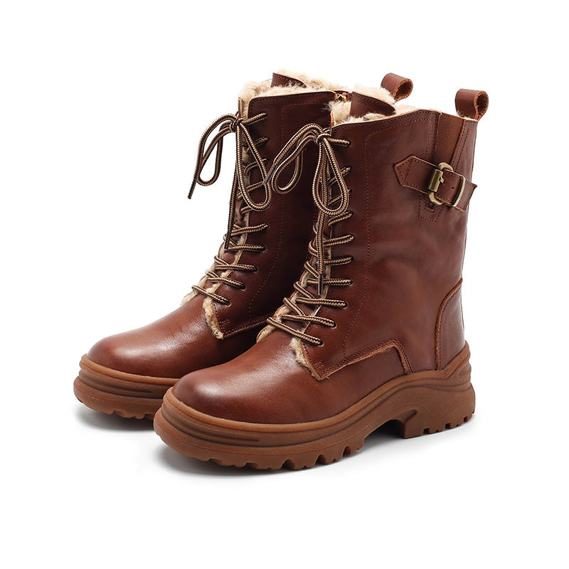 Leather Combat Boots Designer Retro Chunky Riding Boots in Coffee/Black Have Shearling Lined Choice