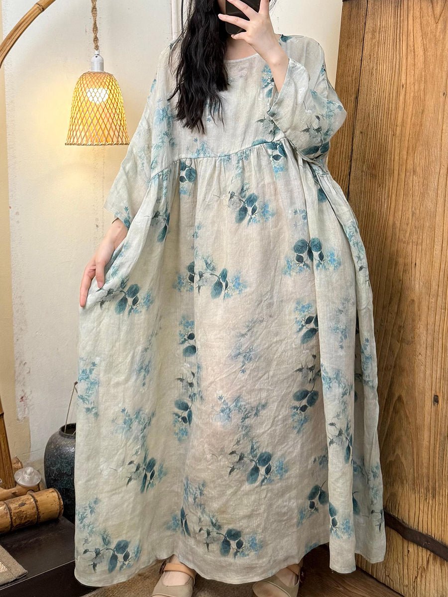 Women Summer Vintage Stripe Flower O-Neck Ramie Dress