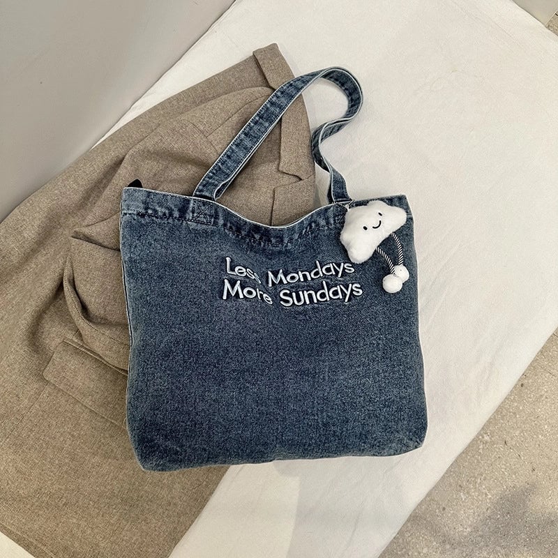 Women's Denim Letter Vintage Style Sewing Thread Square Magnetic Buckle Tote Bag