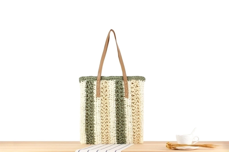 Women's Large Straw Color Block Vacation Zipper Straw Bag