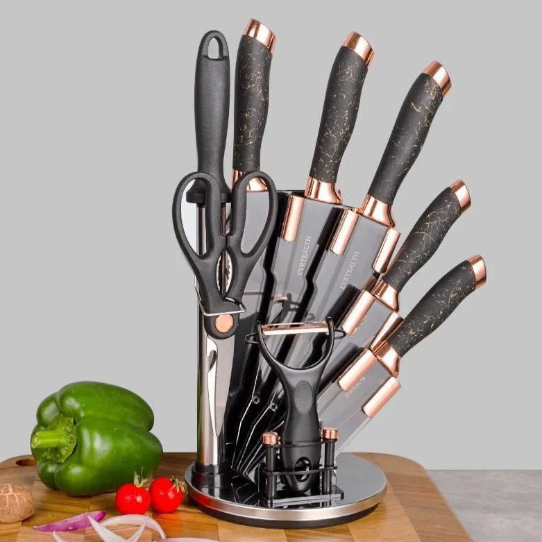 9 PCs Stainless Steel Luxury Knife Set-(5312)Grey Texture