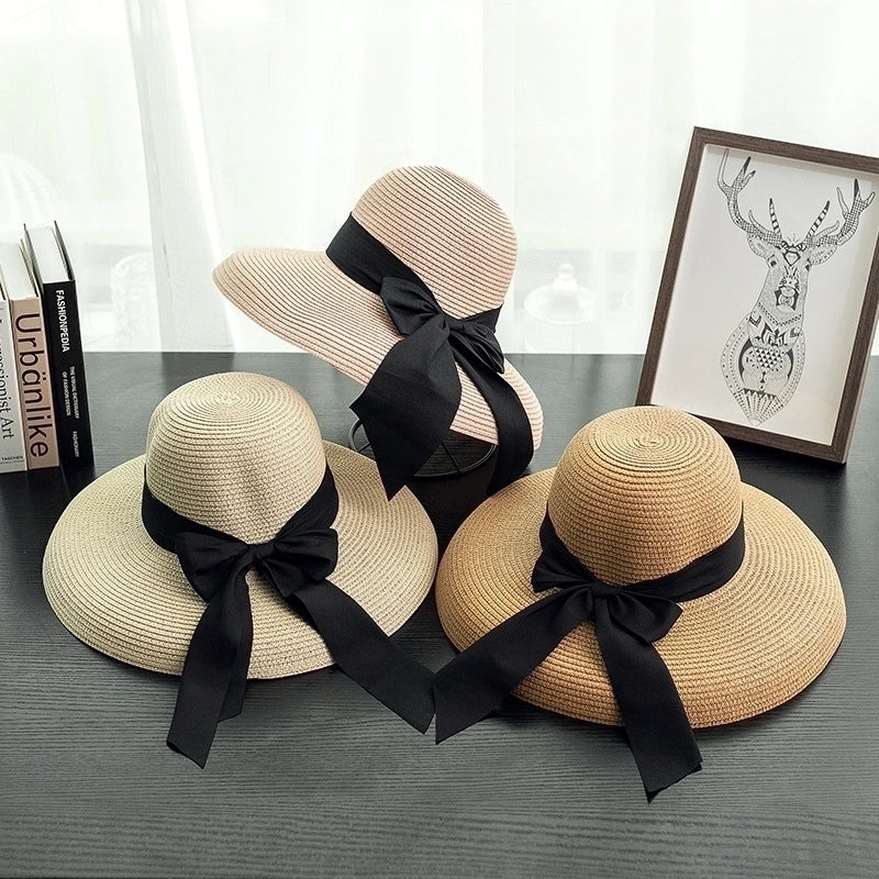 Women's Vacation Solid Color Bowknot Crimping Sun Hat