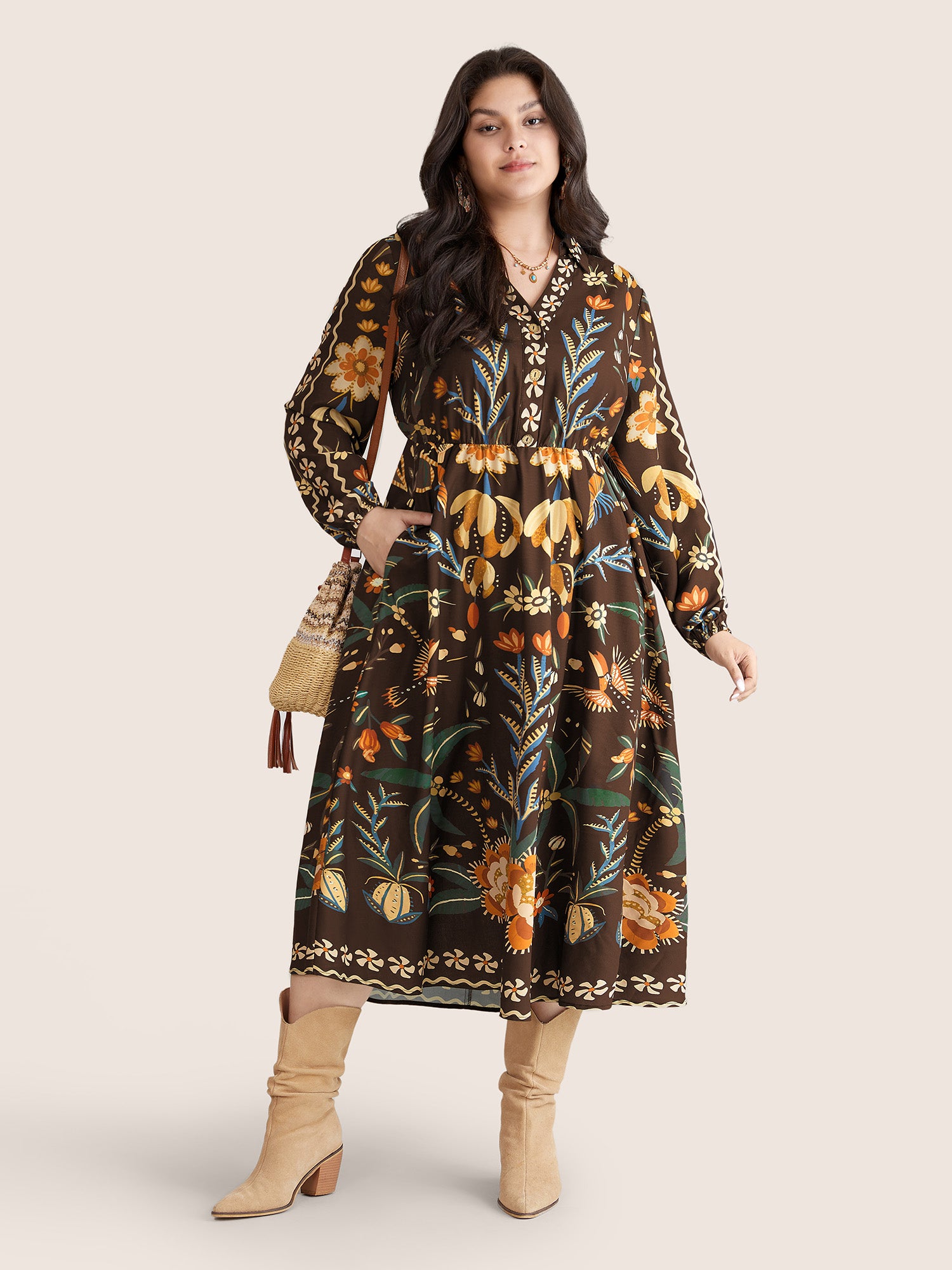 Bandana Print Pocket Lapel Collar Elastic Cuffs Dress