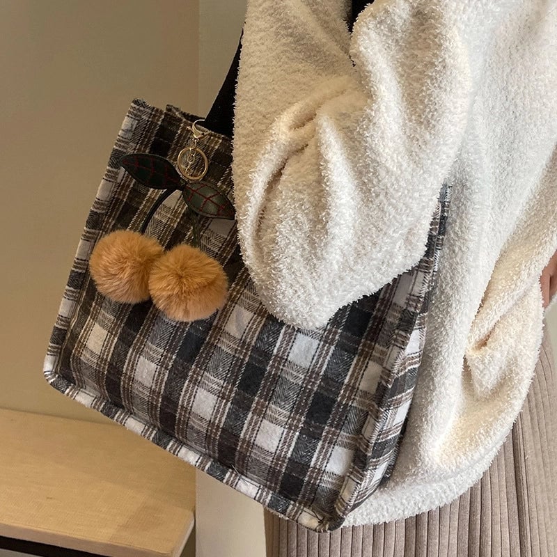 Women's Large Woolen Lattice Elegant Streetwear Square Open Tote Bag