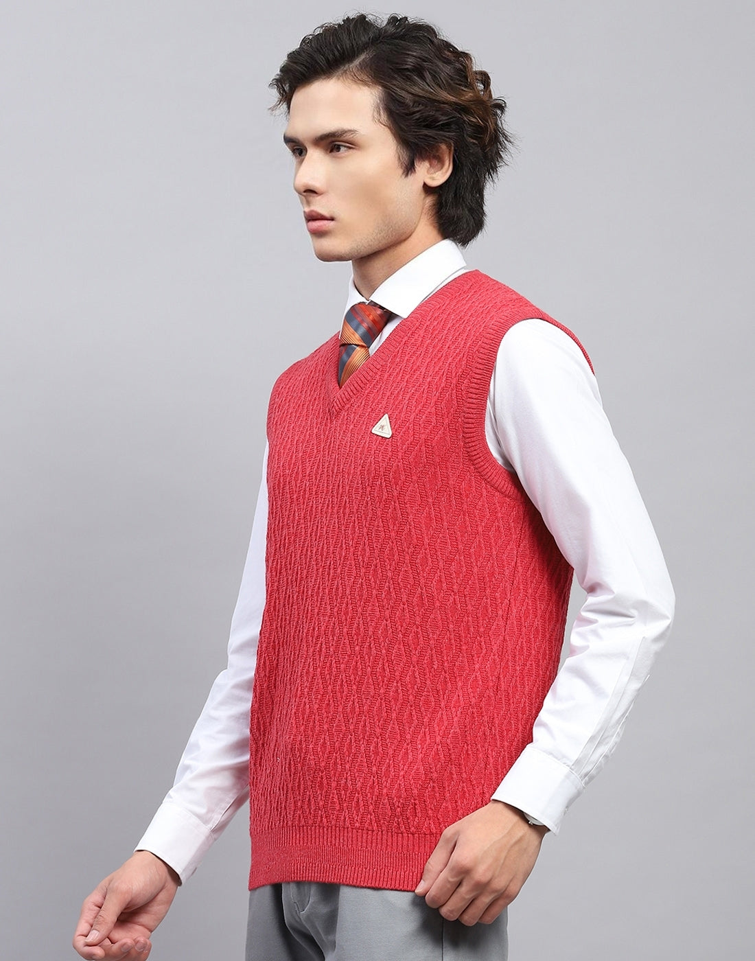 Men Red Self Design V Neck Sleeveless Sweater