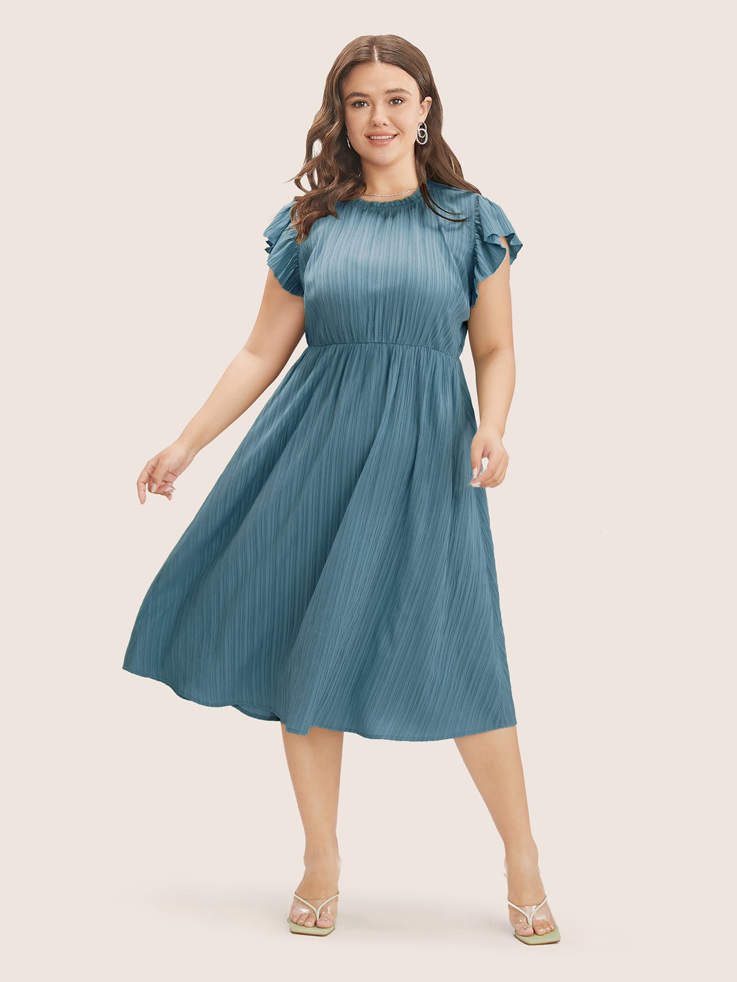 Plain Cap Sleeve Ruffles Trim Mock Neck Pocket Dress