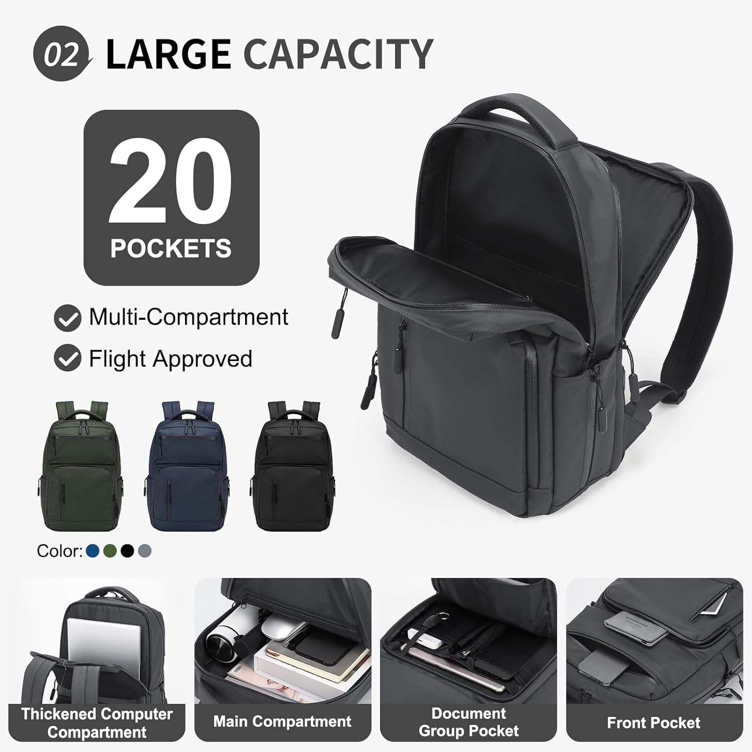Waterproof Laptop Backpack for Men & Women, Flight Approved Anti-Theft Daypack with 15.6-inch Laptop Sleeve (Black)