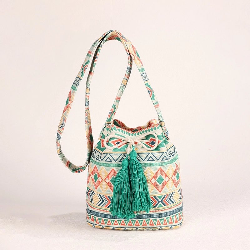 Women's Medium Canvas Geometric Ethnic Style Bucket Open Bucket Bag