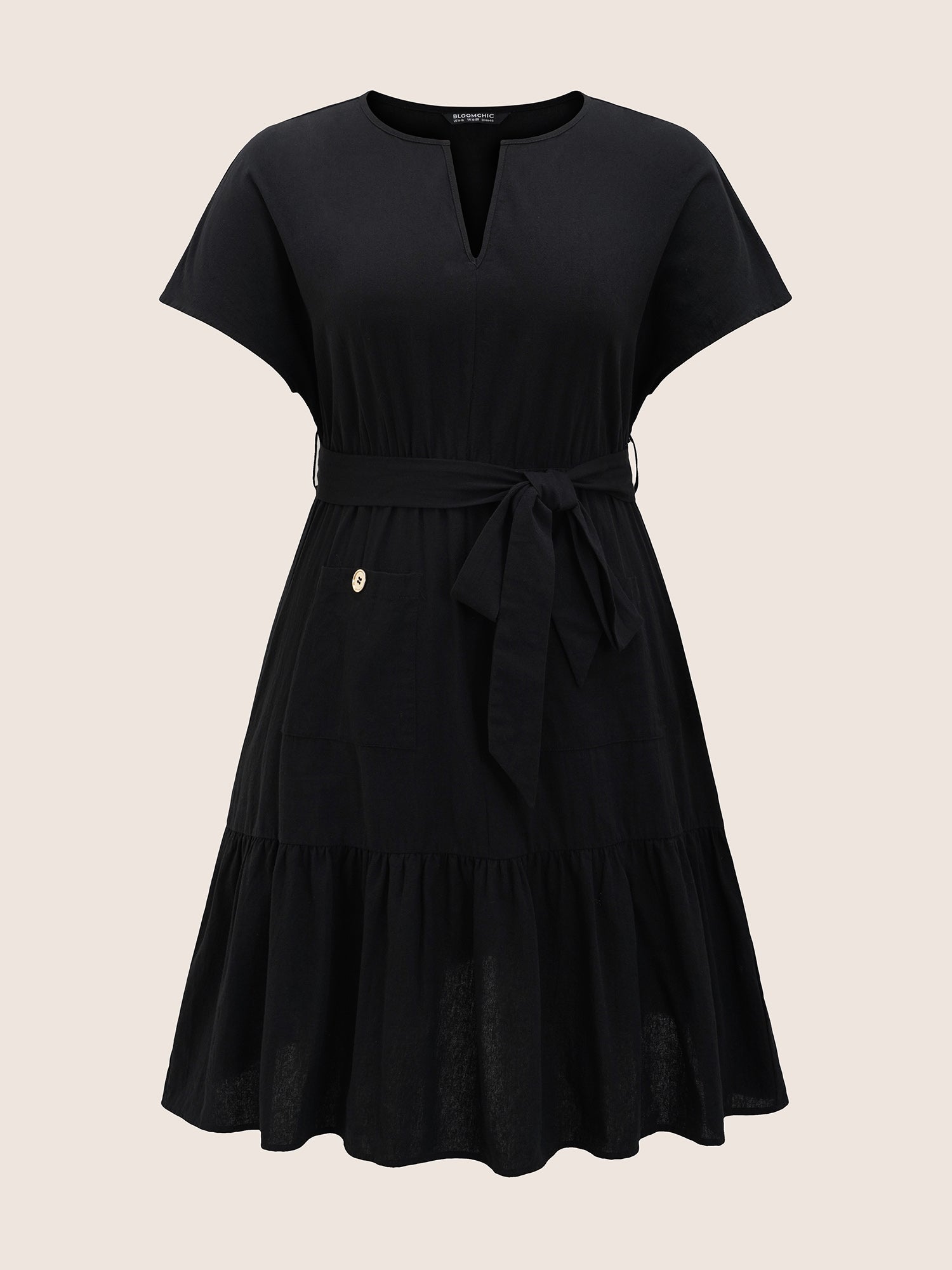 Solid Patched Pocket Belted Batwing Sleeve Dress