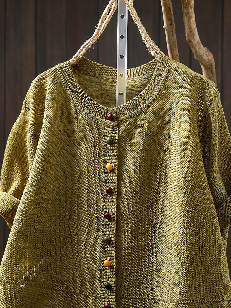 Women Summer Casual Colorful Button Knitted O-Neck Shirt