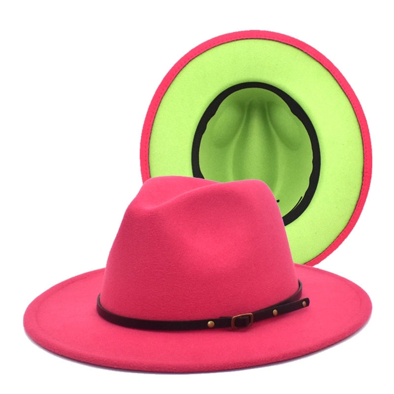 New Women's Woolen Top Hat Fashion Red And Black Color-matching Hat Women's Flat-brimmed Jazz Hat
