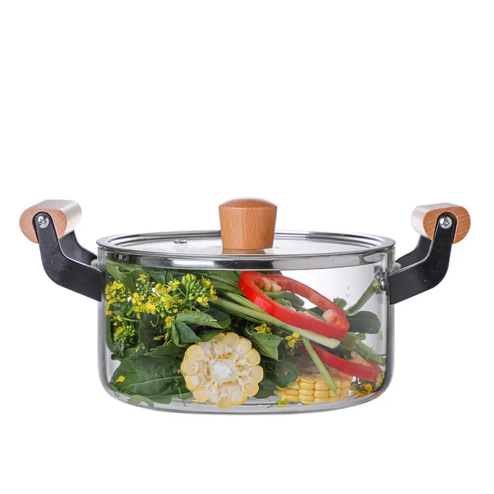 HEAT-RESISTANT STOCK POT WITH WOODEN HANDLE CLEAR LID SPACIOUS DESIGN