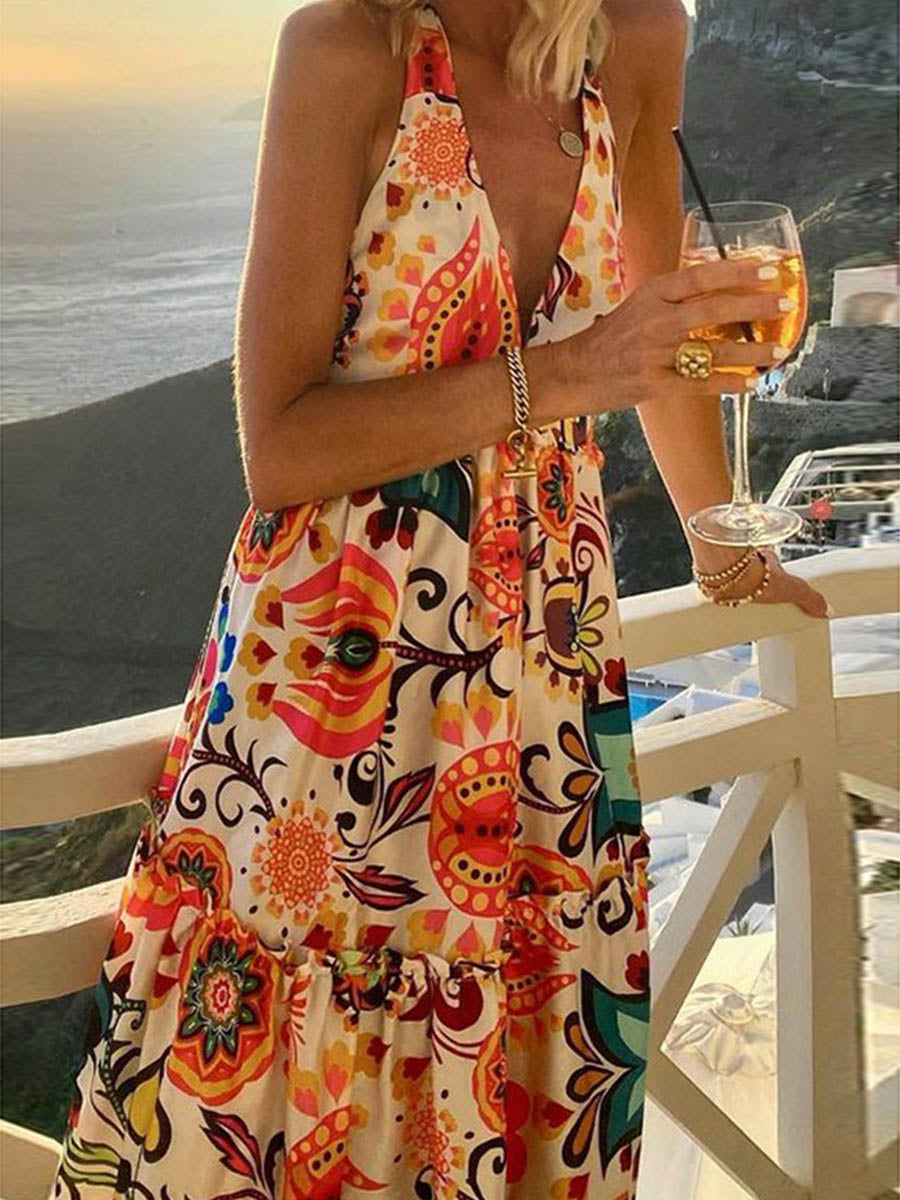 Sexy Vacation Print Backless Printing Halter Beach Dresses