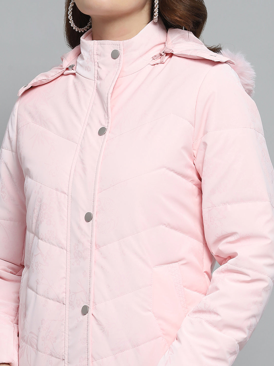 Women Pink Printed Detachable Hood Full Sleeve Jacket