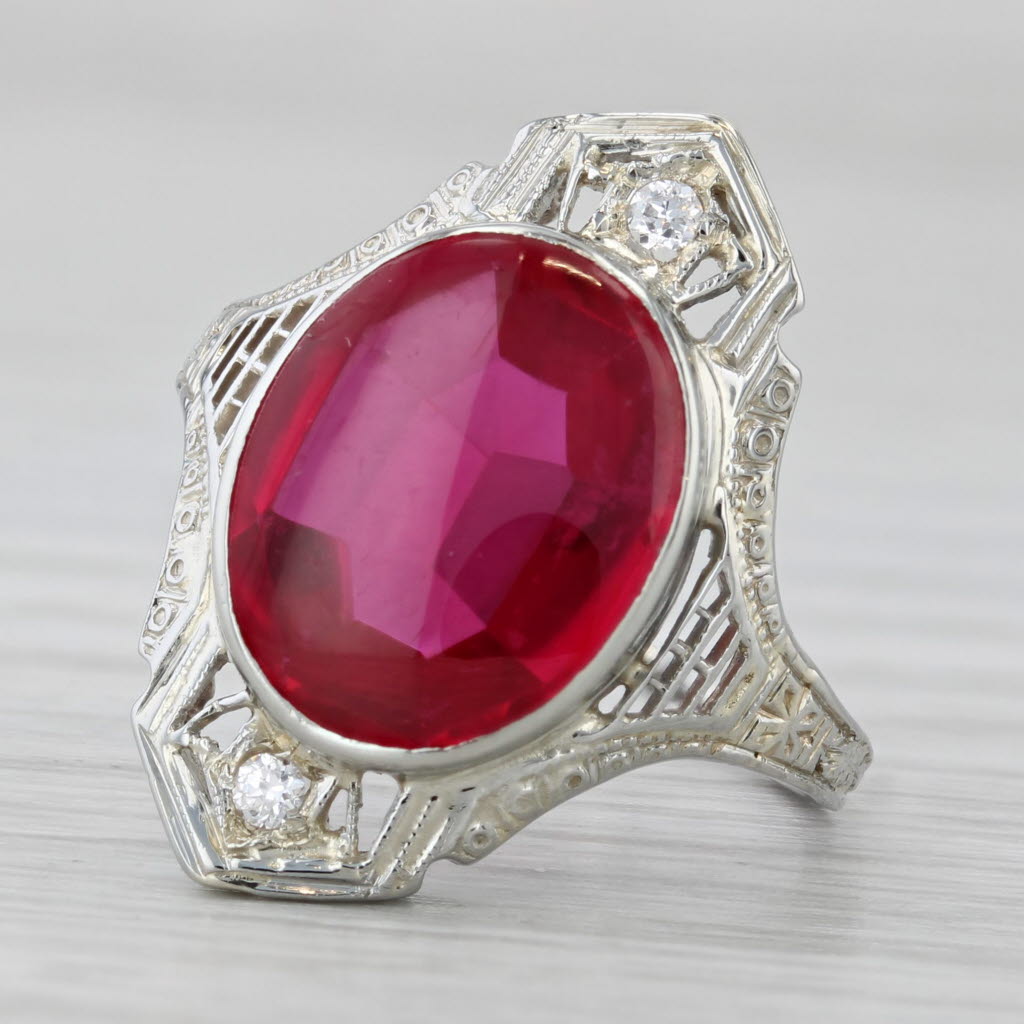 Art Deco 5.23ctw Lab Created Ruby Diamond Ring 18k White Gold Size 6