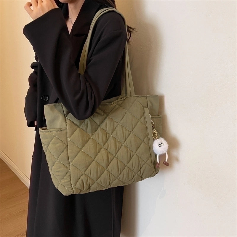 Women's Oxford Cloth Solid Color Elegant Vacation Sports Sewing Thread Square Zipper Shoulder Bag Bucket Bag
