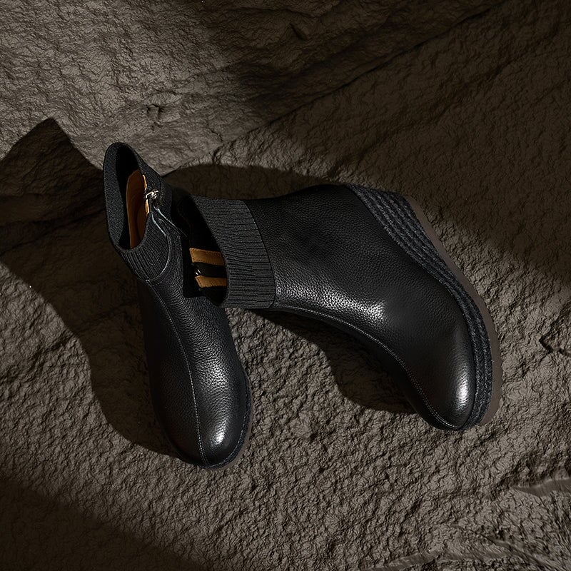 Leather Round Toe Chunky Heel Wedge Minimalist Design Women's Ankle Boots