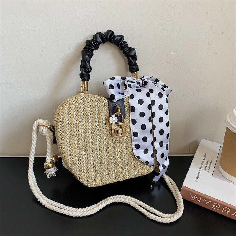 Women's Medium Straw Solid Color Vacation Beach Ribbon Weave Lock Clasp Straw Bag