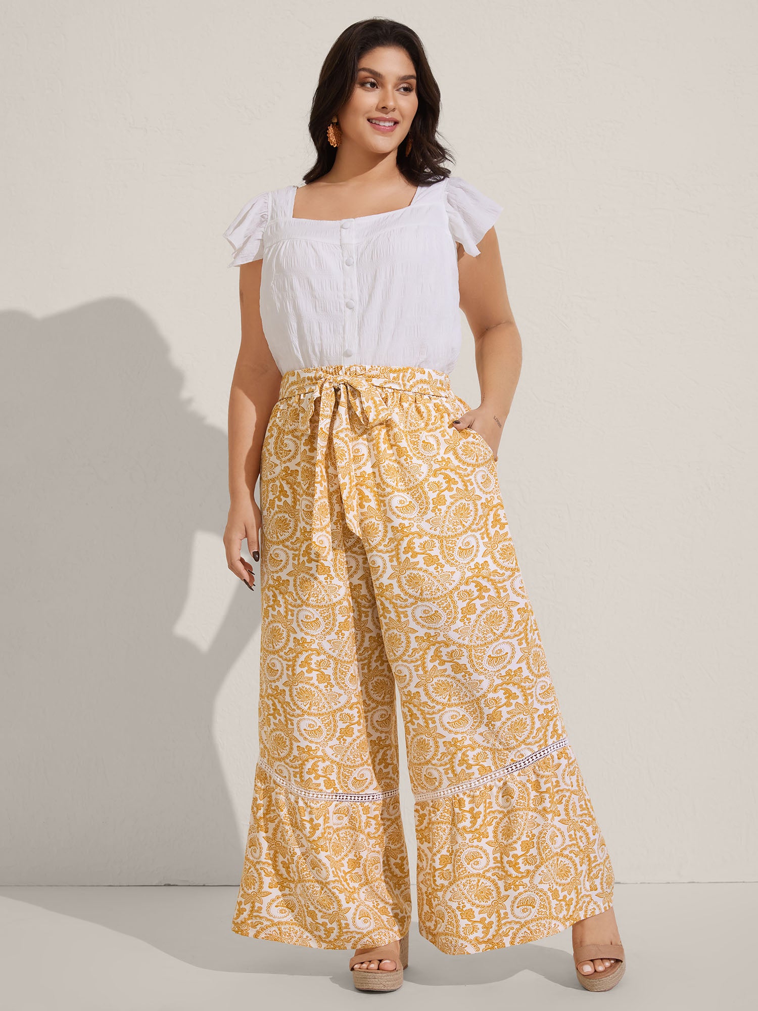 Paisely Print Lace Trim Wide-Leg Pants