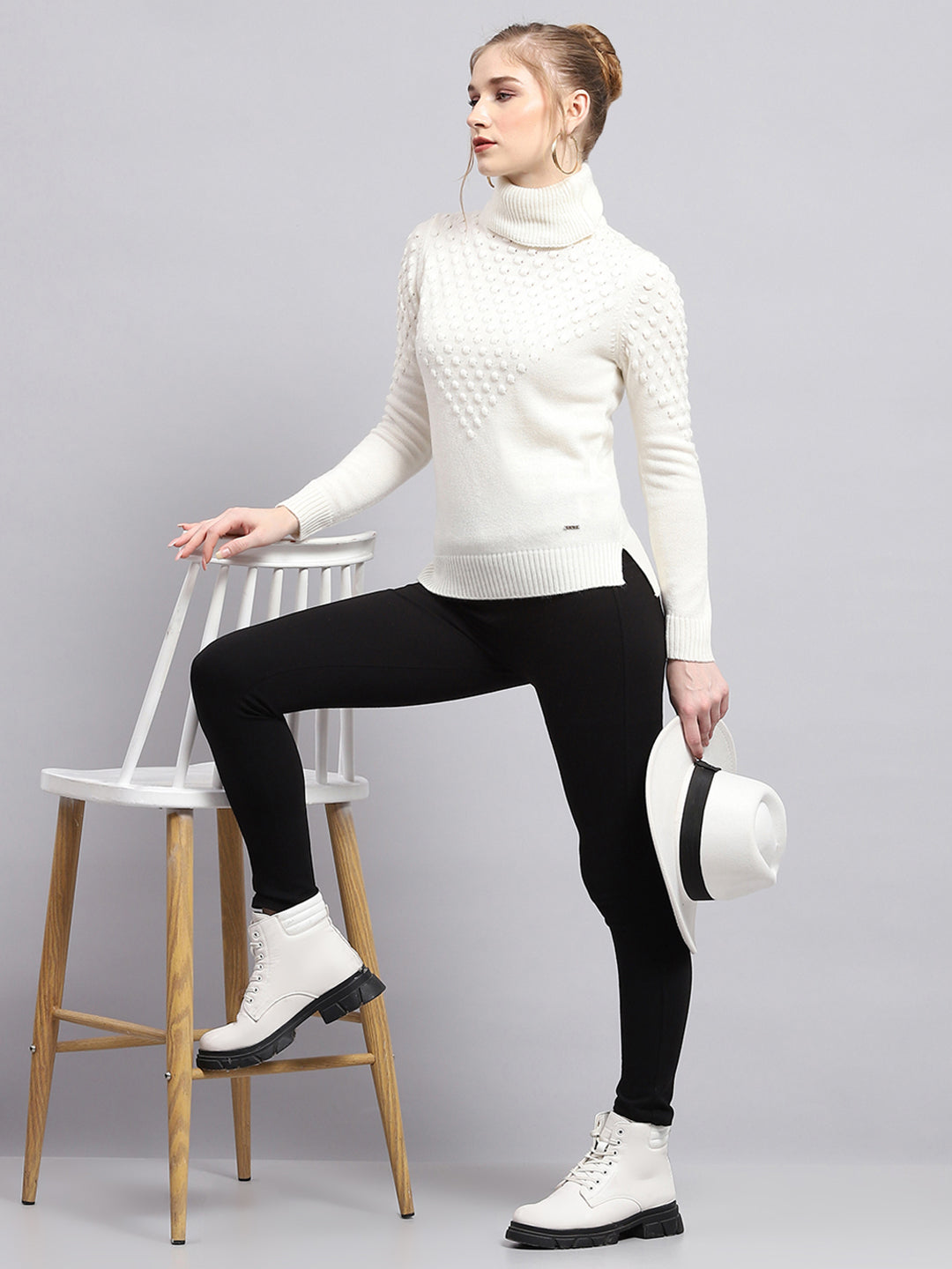 Women White Self Design High Neck Full Sleeve Winter Tops