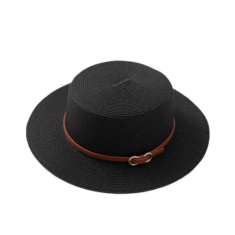 Flat Top  Hat  Summer Fashion Women's Sun Hat Sun Protection Sun Hat Paper Woven Hat Belt Hat