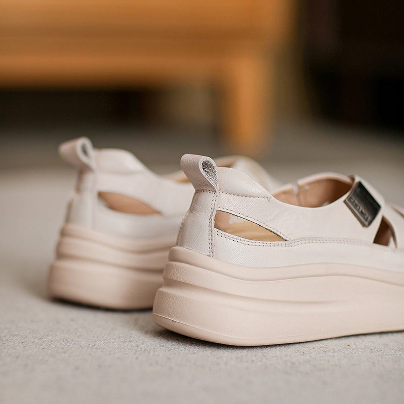 Platform Hollow-Out Low-top Roman Sandals Cow Leather Fisherman Shoes in Beige/Yellow/Green