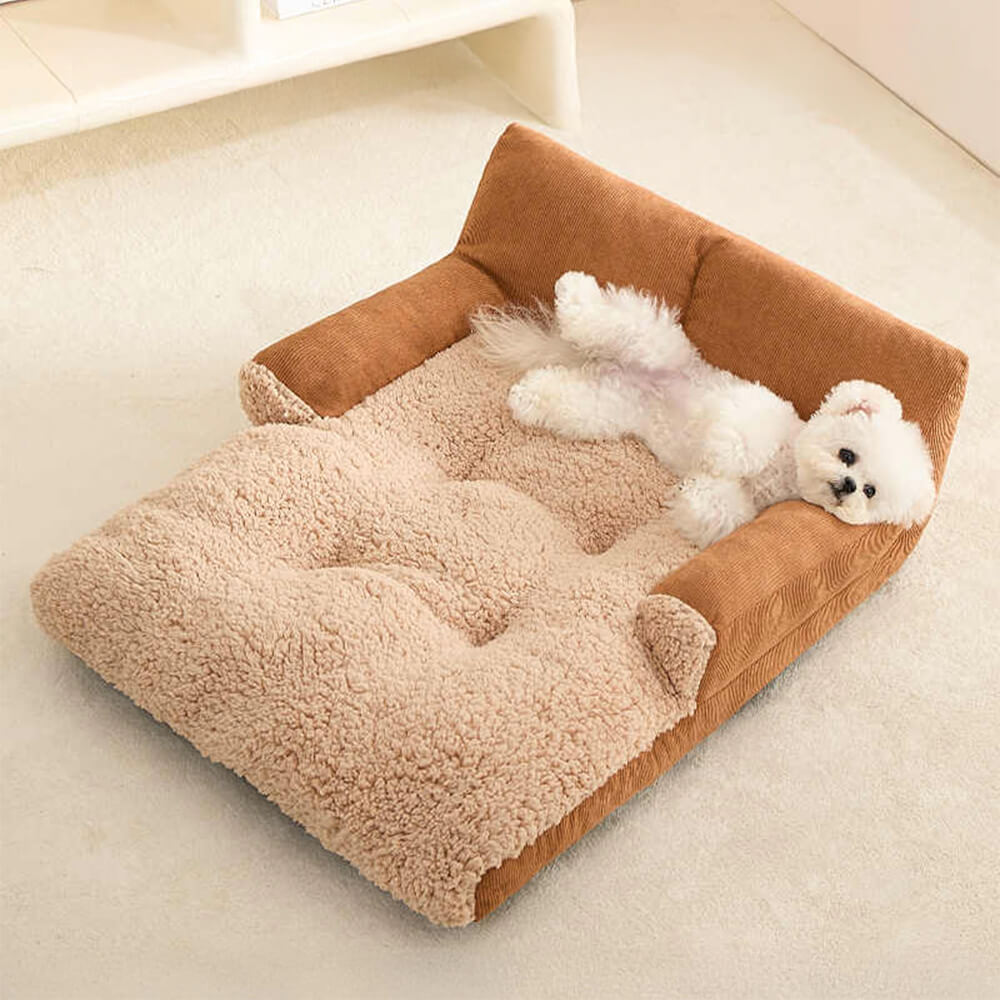 Spacious Warm Corduroy Raised Backrest Dog & Cat Sofa Bed