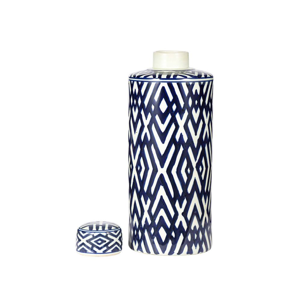 Porcelain Lidded Jar Tall - Blue Chevron