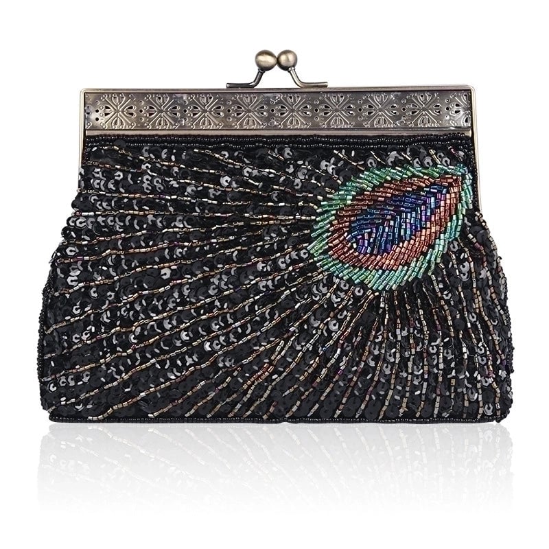 Red Purple Blue Polyester Peacock Feather Beading Sequins Pearl Embroidery Square Evening Bags