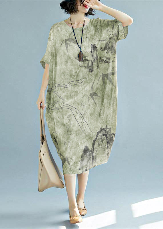 blue long linen dress plus size O neck floral linen clothing dresses casual short sleeve baggy dresses linen caftans