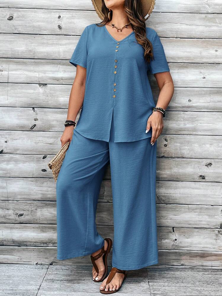 Plus Size V-Neck Short-Sleeved Top And Wide-Leg Pants Two-Piece Set